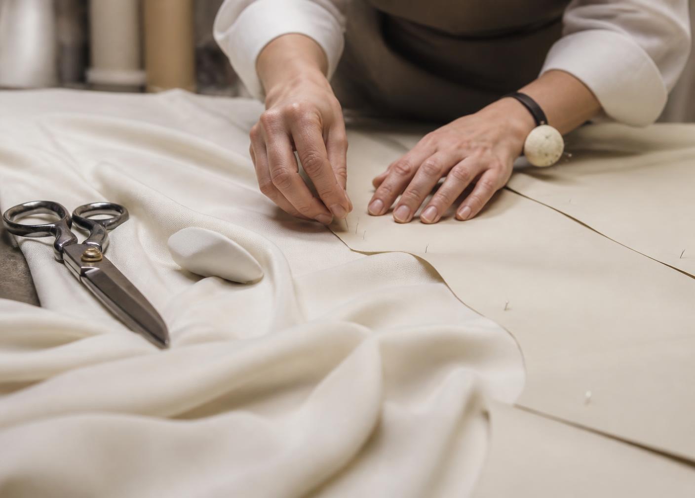 Hands pinning a pattern onto ivory woven fabric on a cutting table