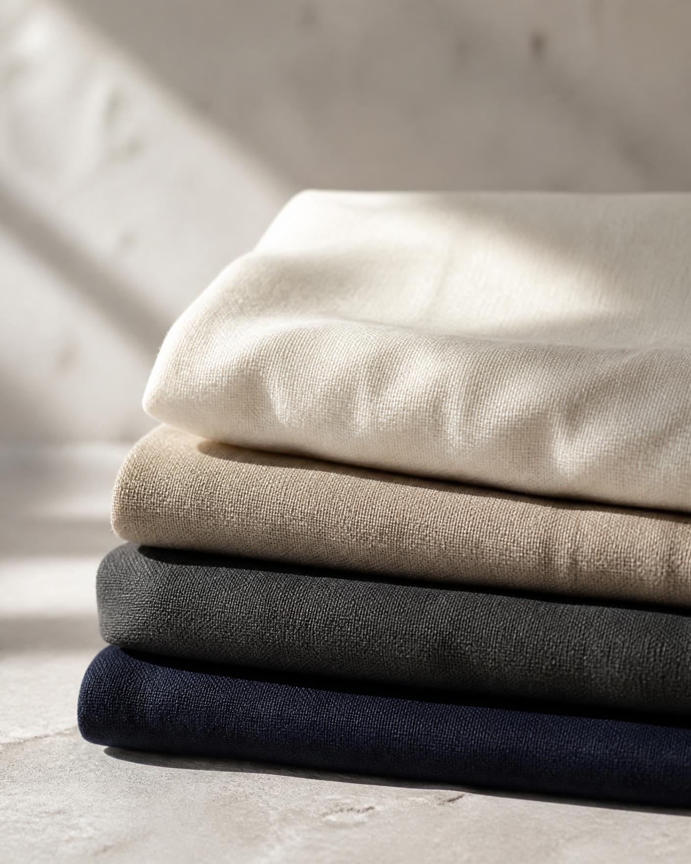Folded fabric swatches in ivory, stone, charcoal and navy