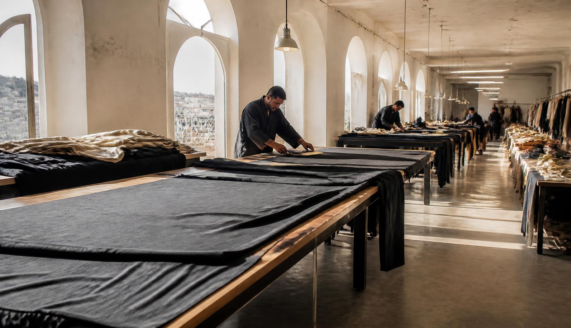 Cutting tables layered with fabric in a garment factory in Morocco