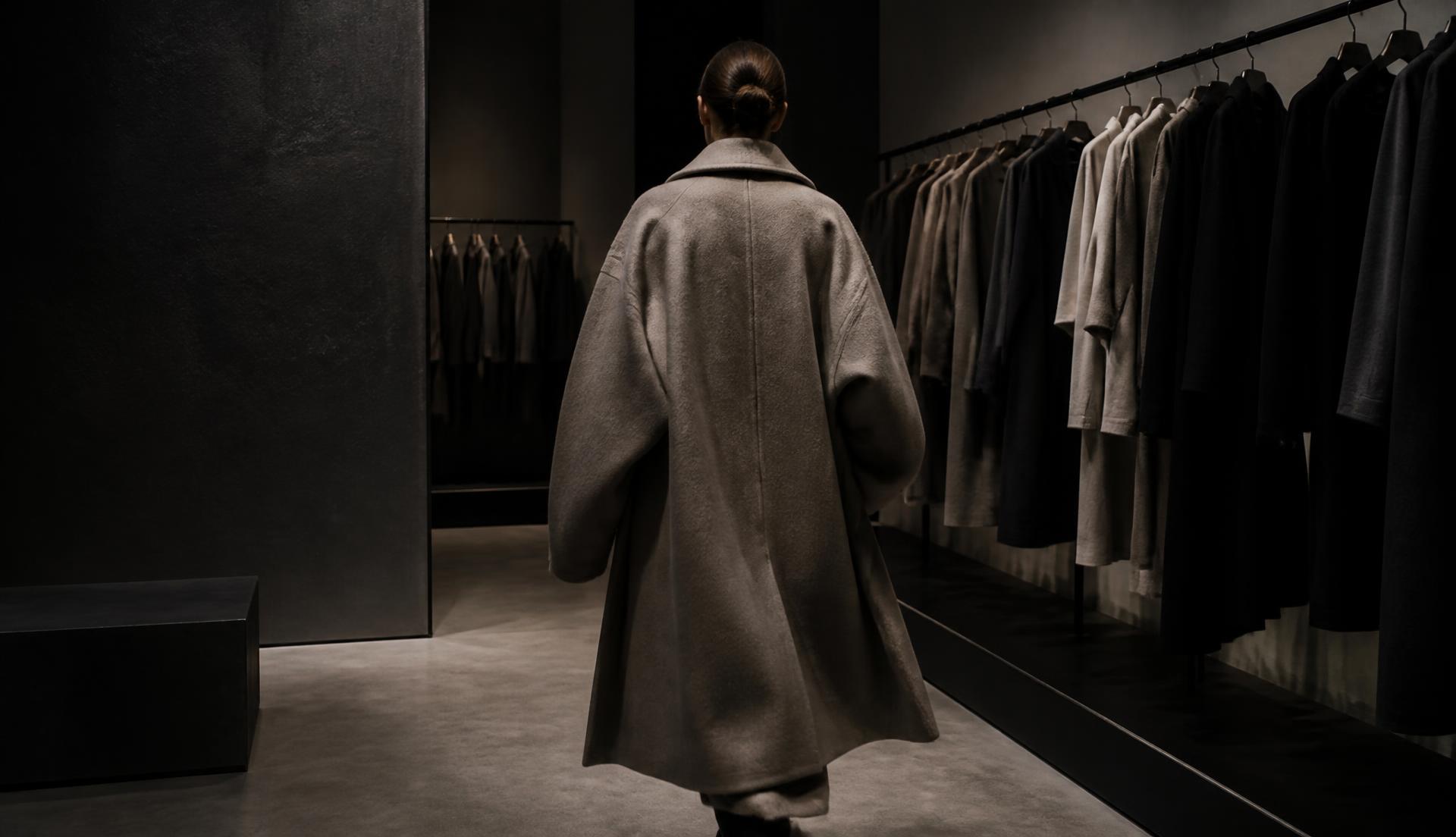 Model in a stone wool coat walking through a minimal fashion showroom